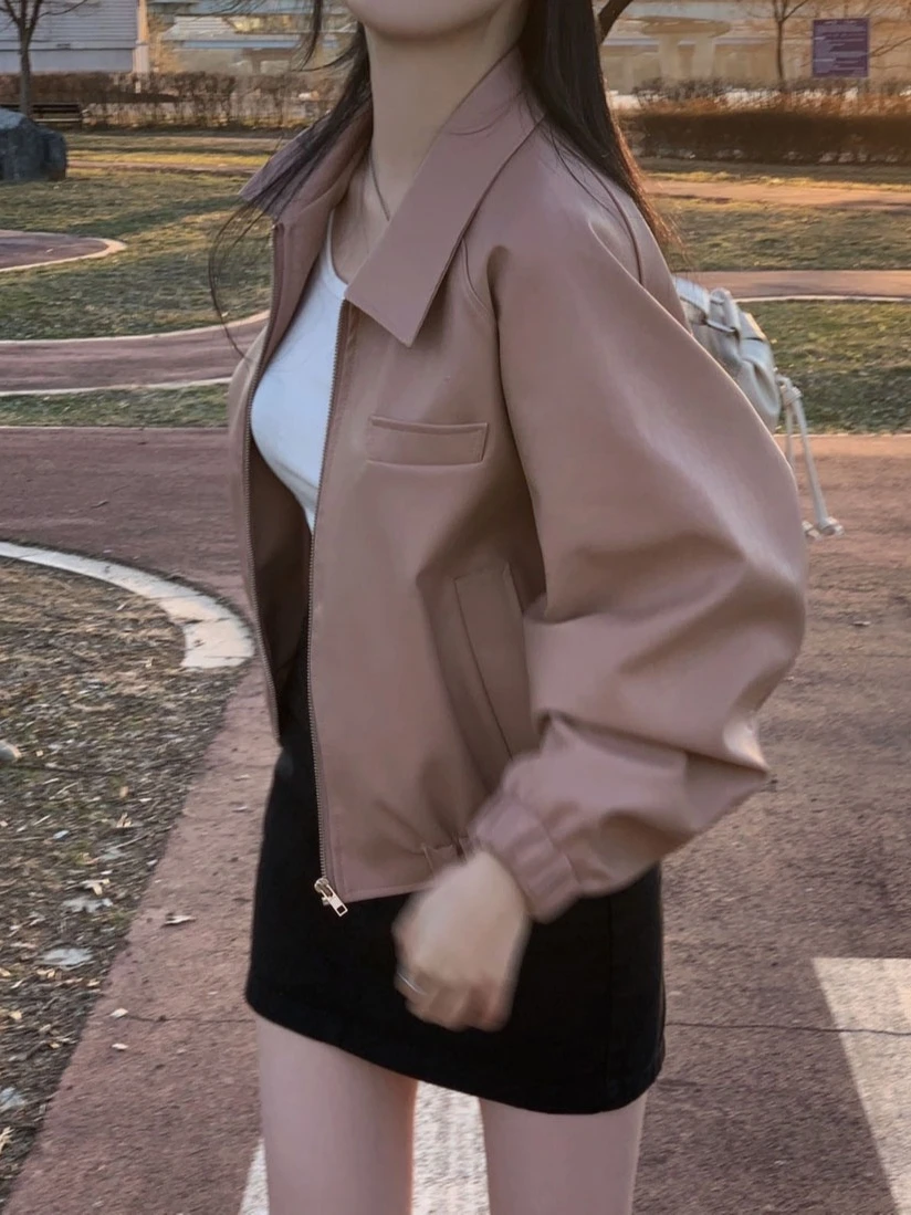 2025 Primavera Faion ort Pelle Jaet Donna Casual Versatile Design con cerniera Colletto Top Coreano Sle Streetwear