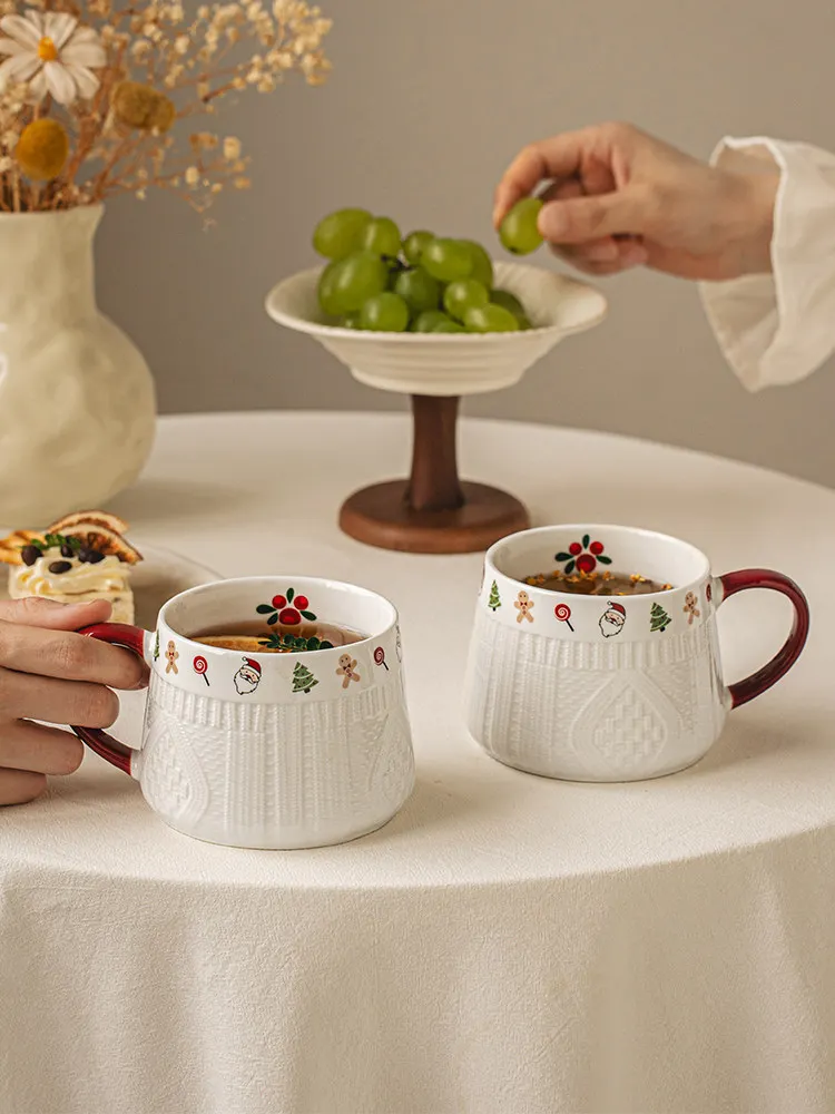 Christmas Sweater Embossed Ceramic Mug, Red Handle Large Belly Coffee Cup, 360ml Microwave Safe Porcelain Water Cup Holiday Gift