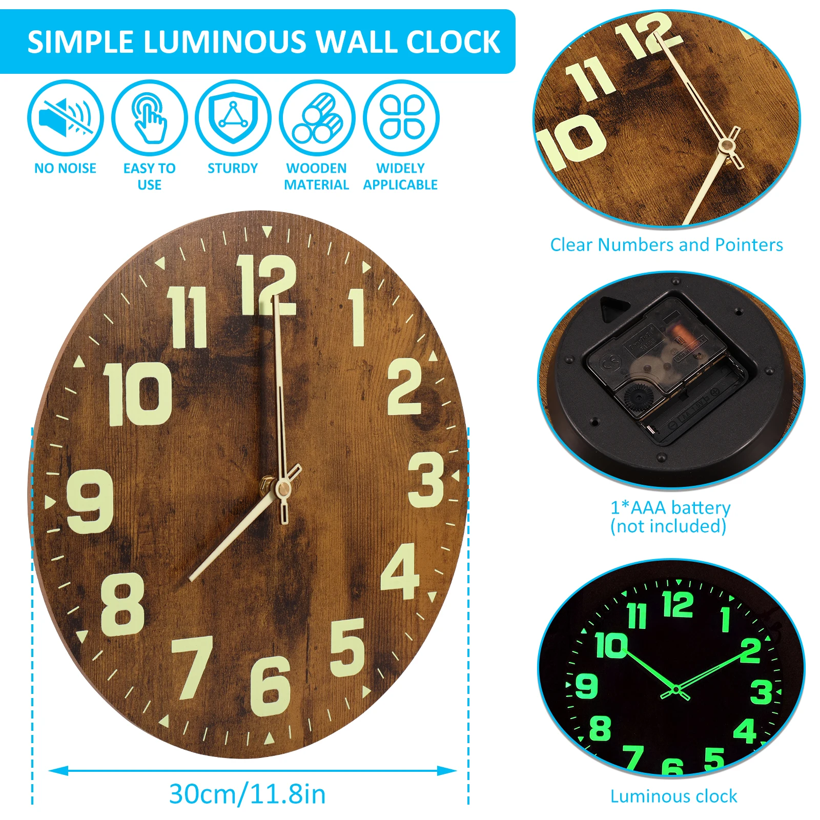 Luminous Wall Clocks Wooden Glow in The Dark Clock 12 inch Silent Non-Ticking Lighted Wall Clock Battery Operated Night Light