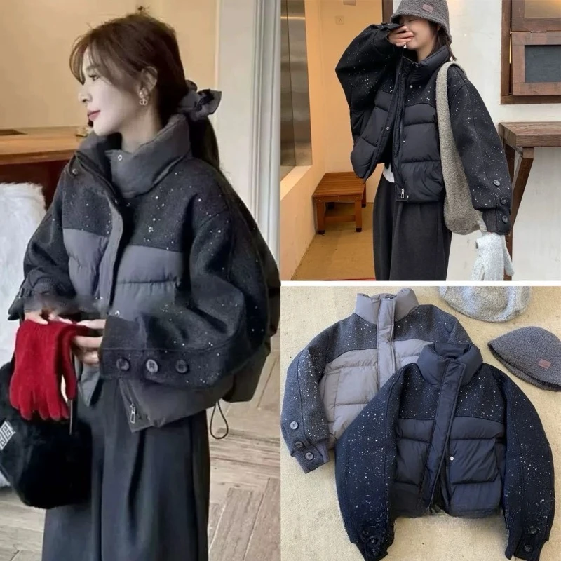 

Women's Autumn Winter Cotton Jacket Tops Splicing Sequins Warm Short High Waist Niche Comfortable Leisure Soft Brand Fashion