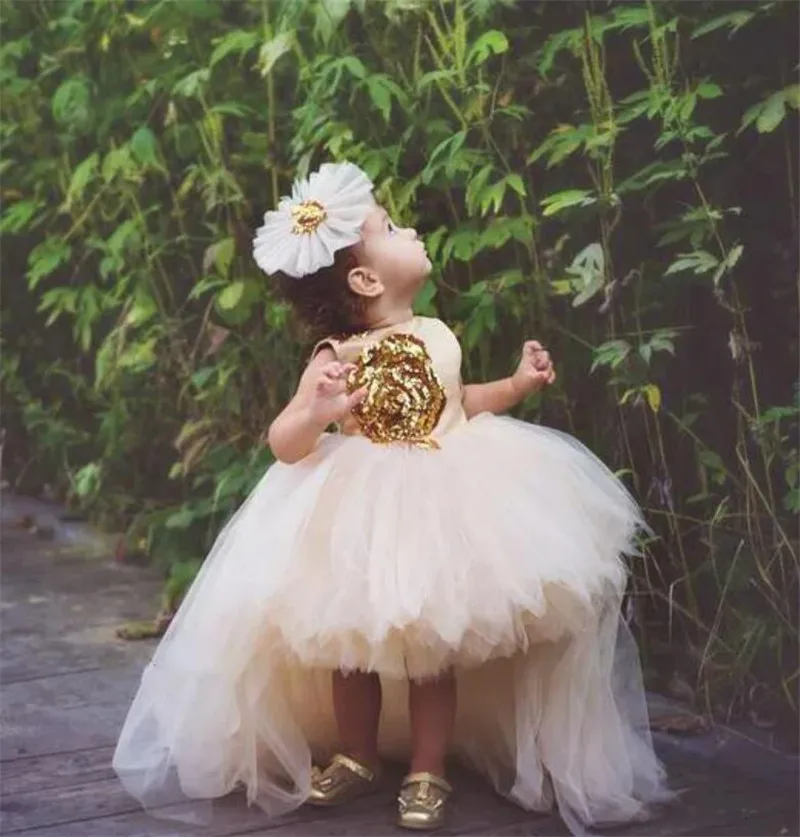 

New Sequined Champagne Tulle Baptism Dress Baby Girls Party Gown Princess Ceremony Girls Birthday Dress Long Tail