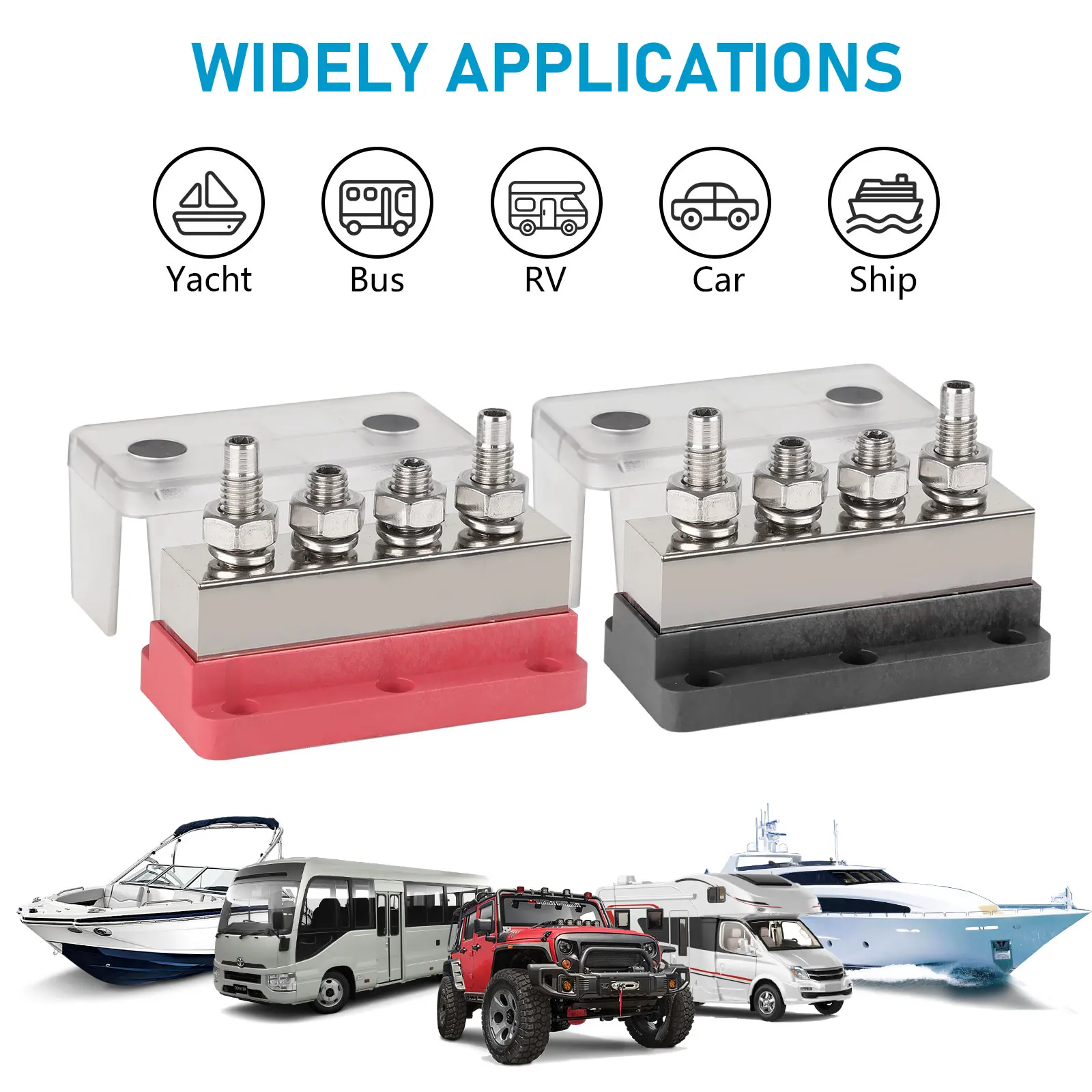 12-48V 600A M10 Battery Bus Bar Heavy Duty Power Distribution Terminal Block with Cover Black & Red For Truck Marine Boat RV Car