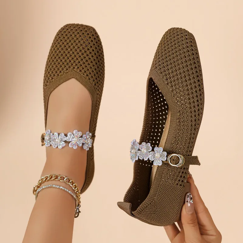 Square Toe Shallow Mouth Breathable Single Shoes Women's 2026 Summer New One-line Rhinestone Sandals