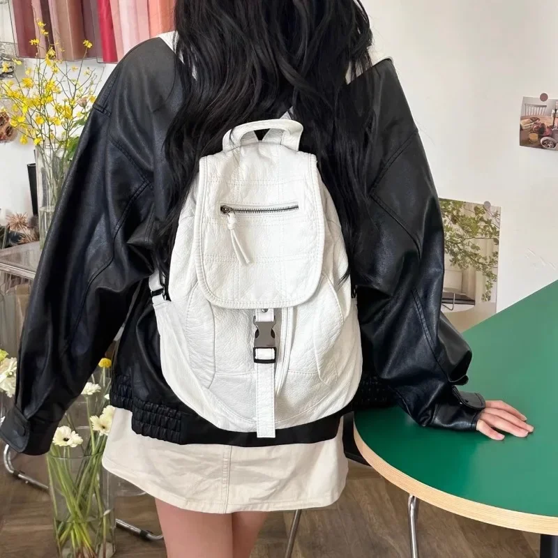 Xiuya Pure White Womens Backpack Vintage Leather Soft Washed American Style Backpack College Style Large Capacity New Travel Bag