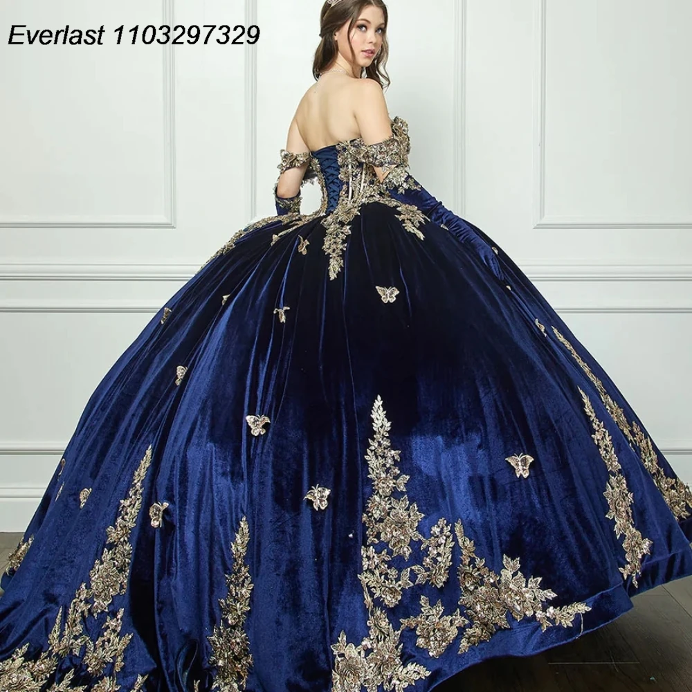 EVLAST Customized Navy Blue Quinceanera Dress Ball Gown Gold Butterfly Applique Beading Sweet 16 Vestidos De XV 15 Anos TQD641