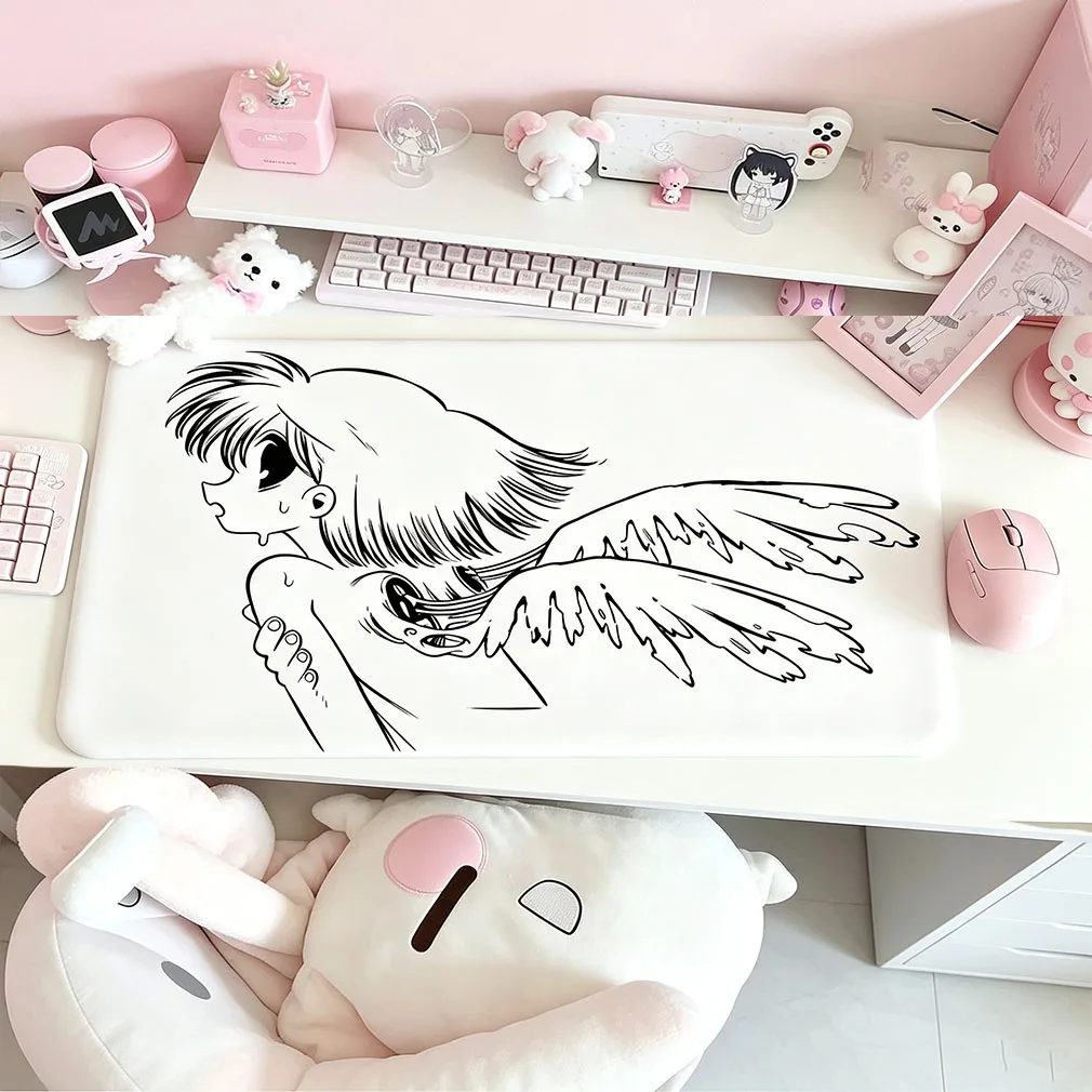 Japanese Anime Y2K Girl Black Line Angel Wings Leather Desk Pad Protector Mouse Pad Office Desk Mat Non-Slip PU Desk Blotter Pad