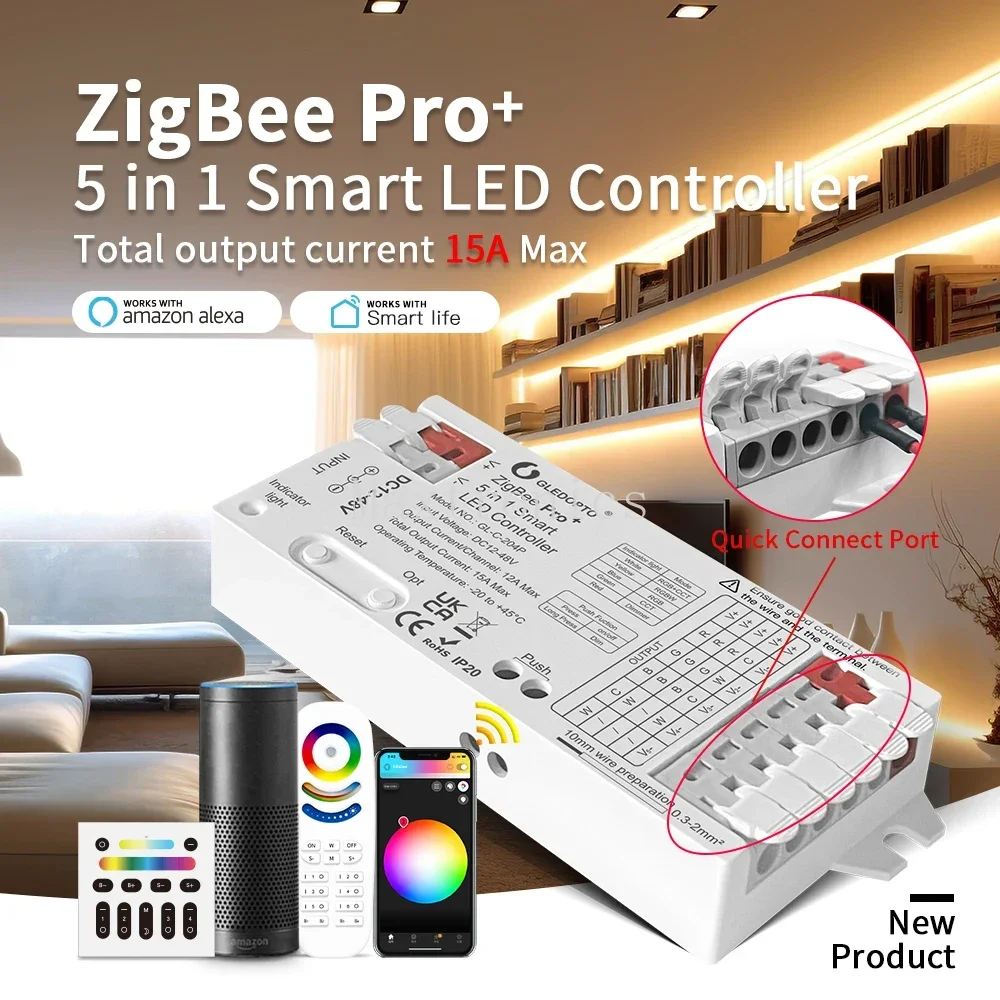 NEW ZigBee3.0 Pro+ 5in1 LED Controller GL-C-204P/GL-RC-009 RGBCCT RGBW RGB CCT Dimmer Alexa Tuya 15A Max PWM Dimming LED Strip