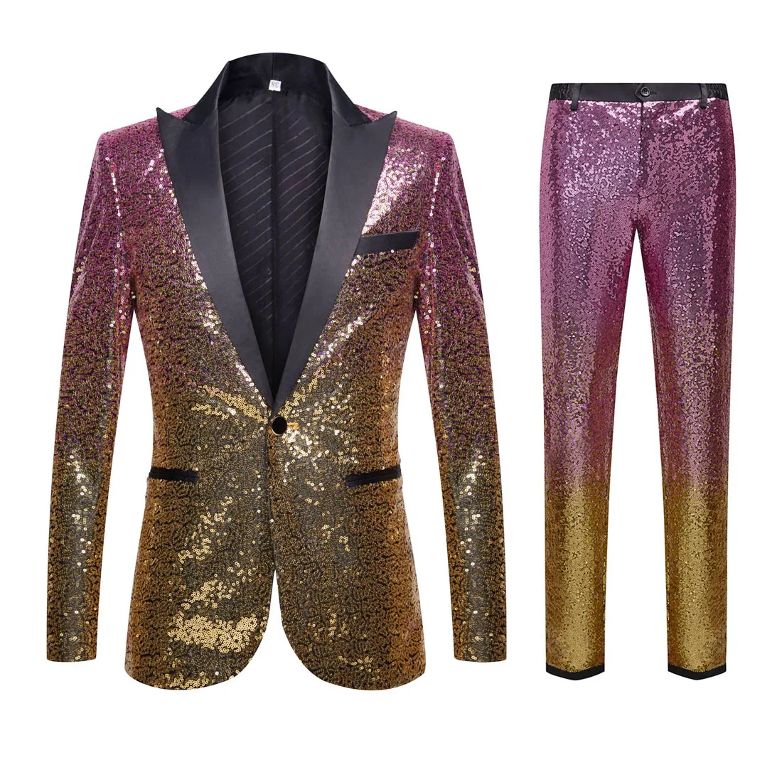 Men's Groom Wedding Suit Shiny Gold Pink Sequins Blazer Pants 2 Piece Tuxedo Set Prom Banquet Sequined Suits Male Singer Costume