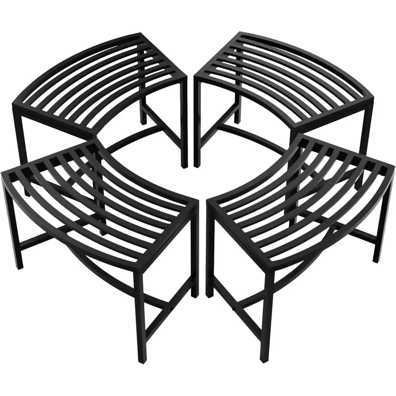 Outdoor Metal Curved Bench Weatherproof Fire Pit Bench Set of 4 Heavy Duty Steel Backless Benches Metal Outside Seating for