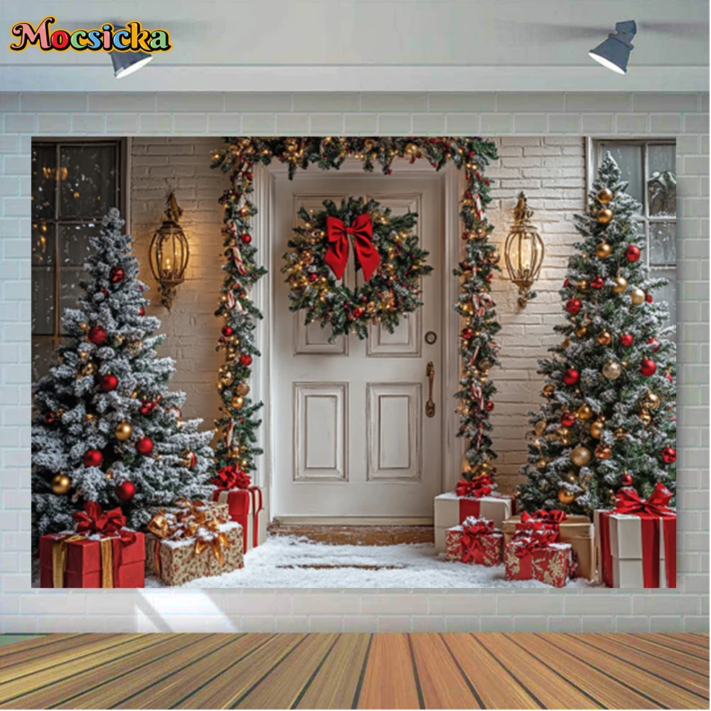 Mocsicka Winter Christmas Photography Backgrounds Gorgeous Door Xmas Tree Holiday Party Adults Children Photo Backdrops Studio