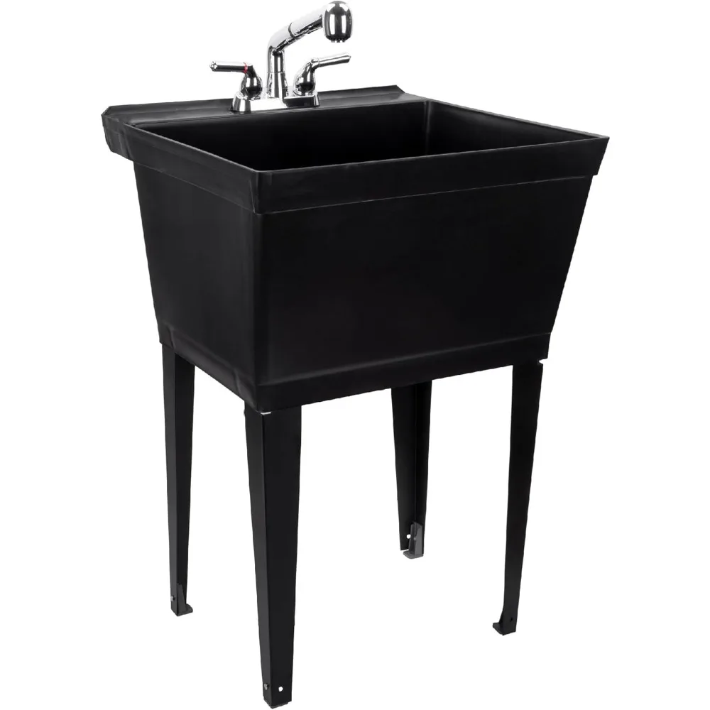 

Black Utility Sink Laundry Tub With Pull Out Chrome Faucet, Sprayer Spout, Heavy Duty Slop Sinks For Washing Room, Basement, Gar