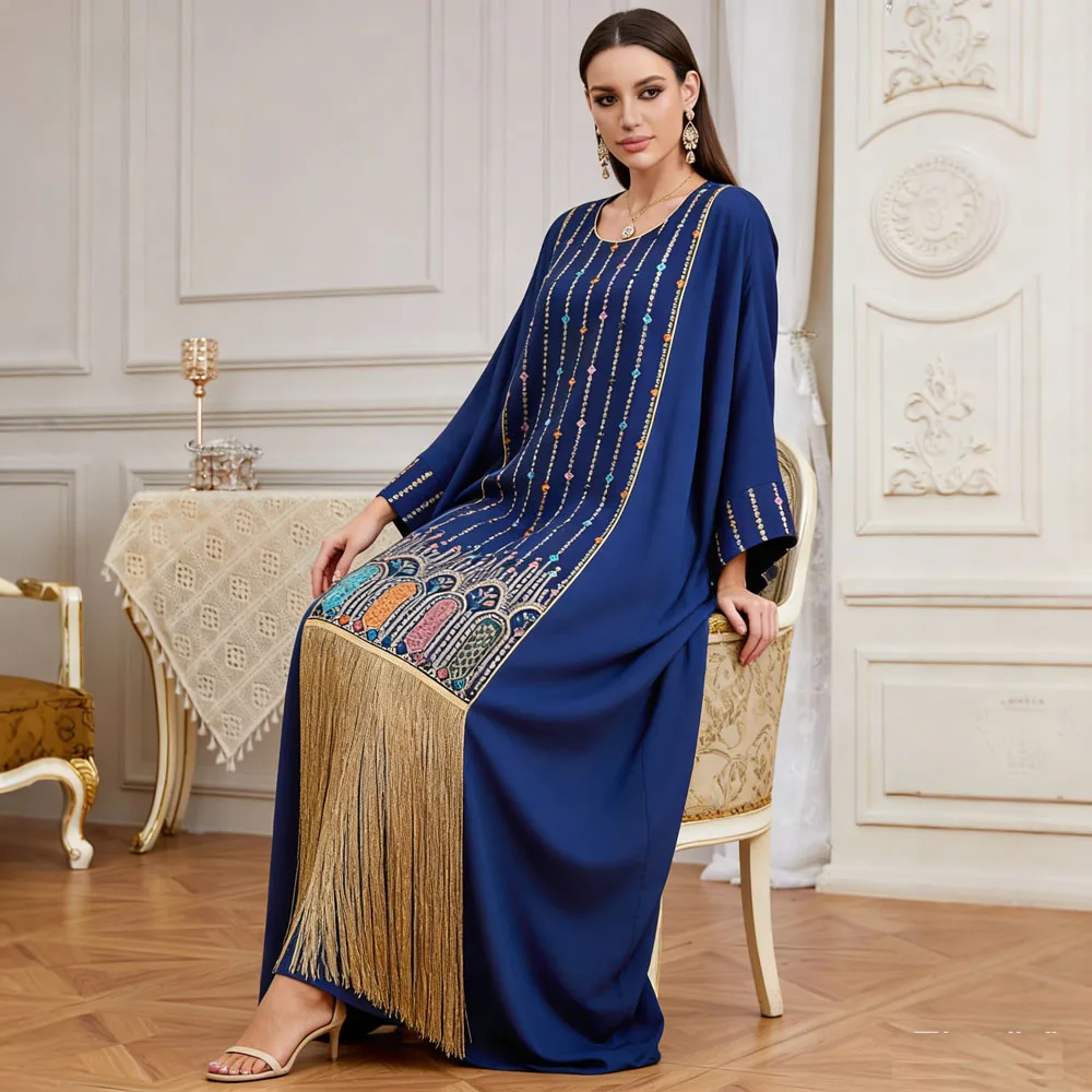 

Модное мусульманское платье макси из Дубая, с вышивкой в стиле Ближнего Востока, свободный крой, рукава «летучая мышь», бахрома, для вечеринок, скромное исламское женское платье