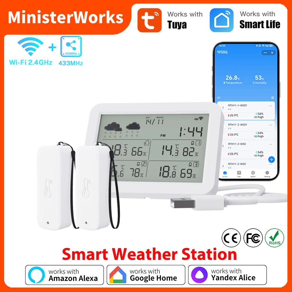 Tuya WiFi Weather Station RF433 Wireless Temperature and Humidity Sensor Digital Display Thermometer for Indoor and Outdoor
