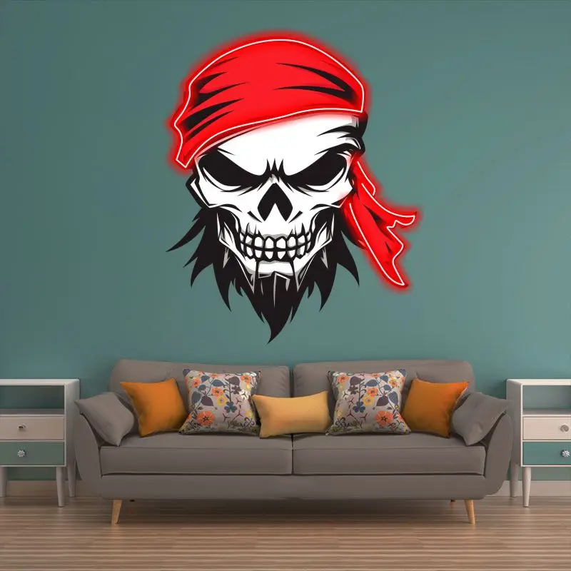 Ferocious Skull With Red Turban Neon Sign, Creative Wall Hanging Neon Light, Whimsical Gift, Halloween Decor