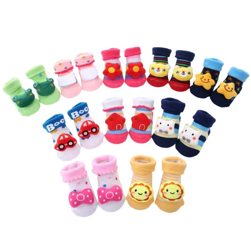 READY STOCK 0-12months Newborn New Cartoon Anti-skid Three-dimensional Doll Baby Socks Striped Dot Cute Children\'s Socks