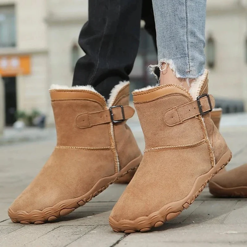 Men's Winter Fur Lined Flat Ankle Boots Warm Snow Boots Suede Slip-Resistant Buckle Casual Shoes Hiking Boots Camping Boots