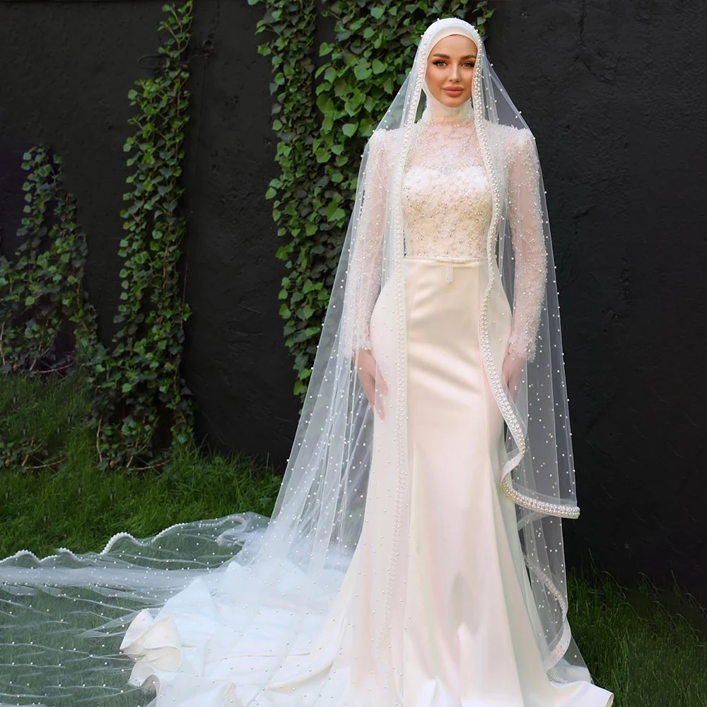 

Luxury Wedding Dresses High Neck Long Sleeve for Women Bride Dress Mermaid Beading White Bridal Gown Customized robe de mariée