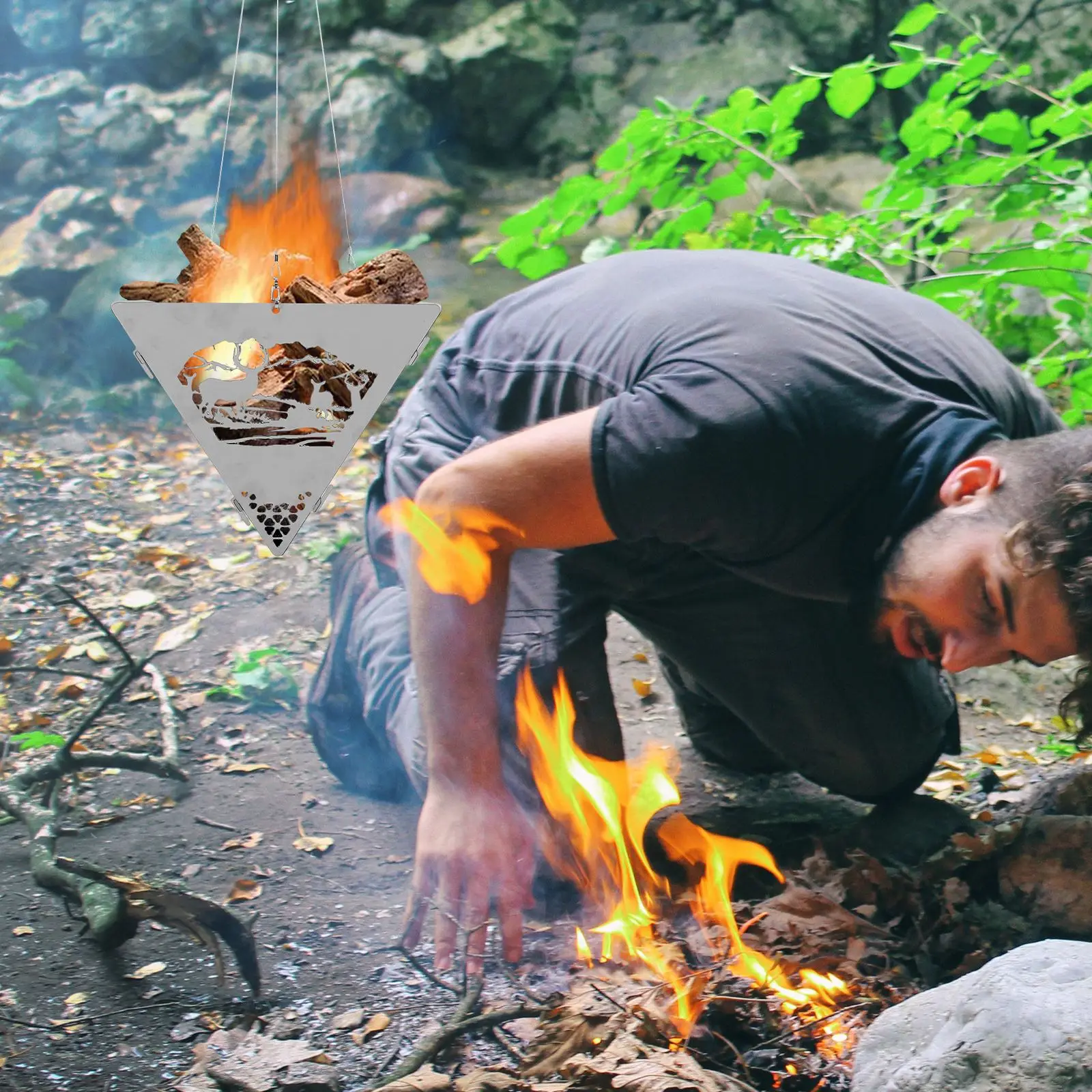 1 Set Camping Hanging Triangular Burning Platform Outdoor Triangular Brazier Tripod BBQ Grill Fold Firewood Burner Bonfire Stove