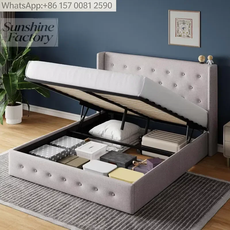 Queen Size Lift up Storage Bed with Wingback Headboard Heavy-Duty Hydraulic Platform Bed Frame Large Under Storage Slats