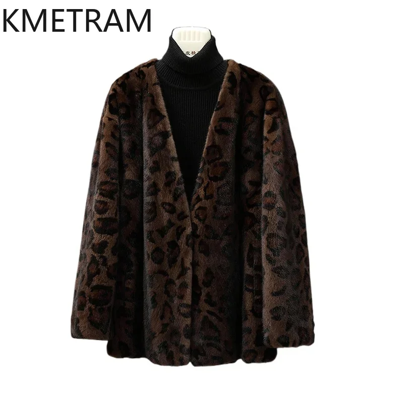 Real Mink Fur Coat Women High Quality Leopard Print Fur Jacket V Neck New in Outerwears Winter Luxury Clothes шуба женская 2024