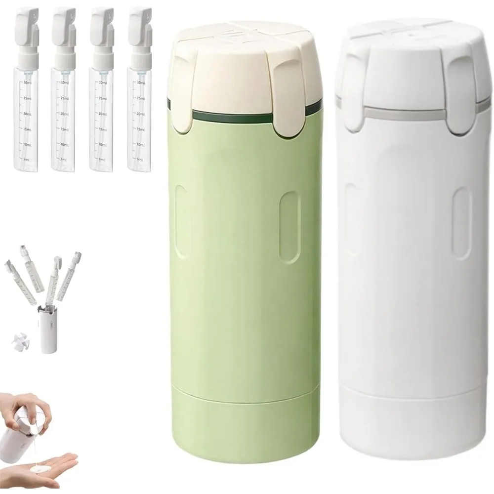 4-in-1 Travel Toiletry Bottles–Leak-Proof Refillable Containers with Measurement Scale & Labels for Shampoo, Conditioner, Lotion