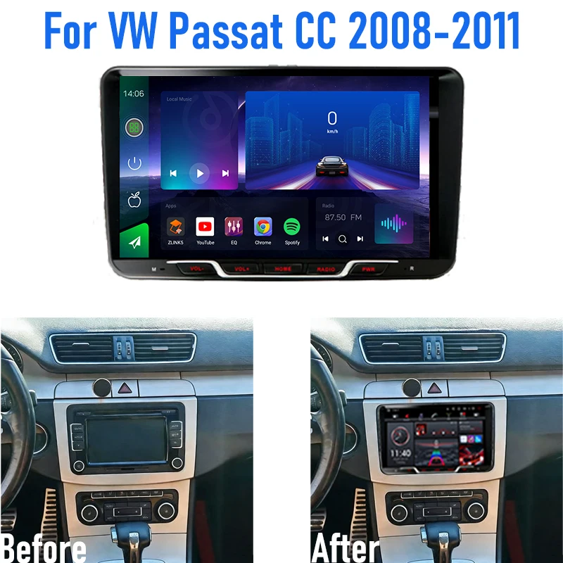 9'' For VW Passat CC 2008-2011 Car Radio 4G SIM Carplay Android 15 Auto GPS Steering wheel control Navi Camera Google Map 2DIN