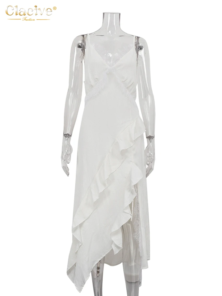 White Lace Spliced Sleeveless Midi Dress for Women