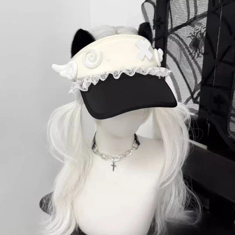 

Y2K Kawaii Cat Ear Sun Visor Hat Women Open Top Wide Brim UV Protection Adjustable Abby Lace Cute Cosplay Summer Cap