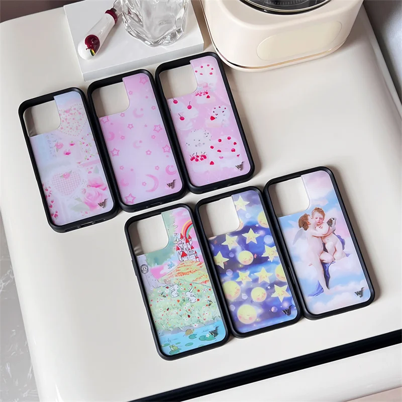 Wildflower 3D WF Metal Logo Rabbit Phone Case for iPhone 17 16 15 14 13 12 Pro Max Plus Angel Boy Pink Moon Star Back Cover