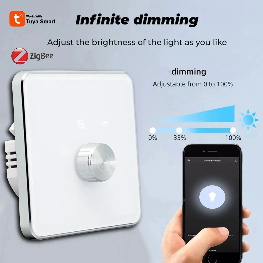 

Tuya Smart Zigbee Dimmer Switch Adjustable Brightness EU Glass Panel Rotary Light Switch Smart Life Work With Alexa Google Home