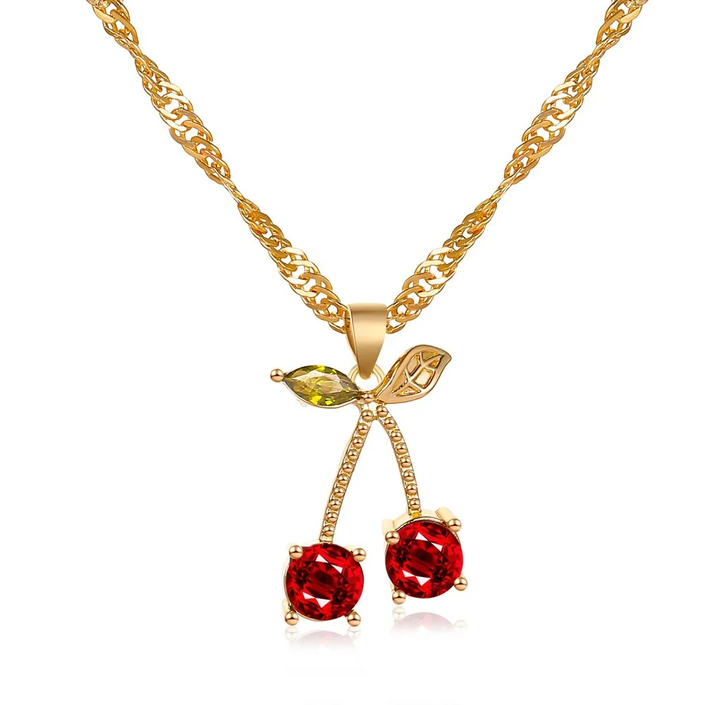 Luxury Wedding Dinner Party Temperament Jewelry Sets Bright Red Crystal Cherry Heart Pendant Necklace and Drop Earring for Women