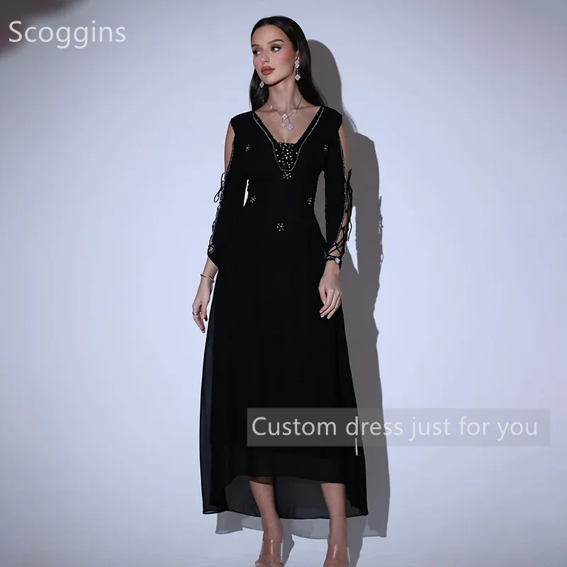 Scoggins فساتين سهرة Customize Evening Dress A-Line V-Neck Beadings Floor-Length Zipper Up Long Sleeves Wedding Dress Cocktail