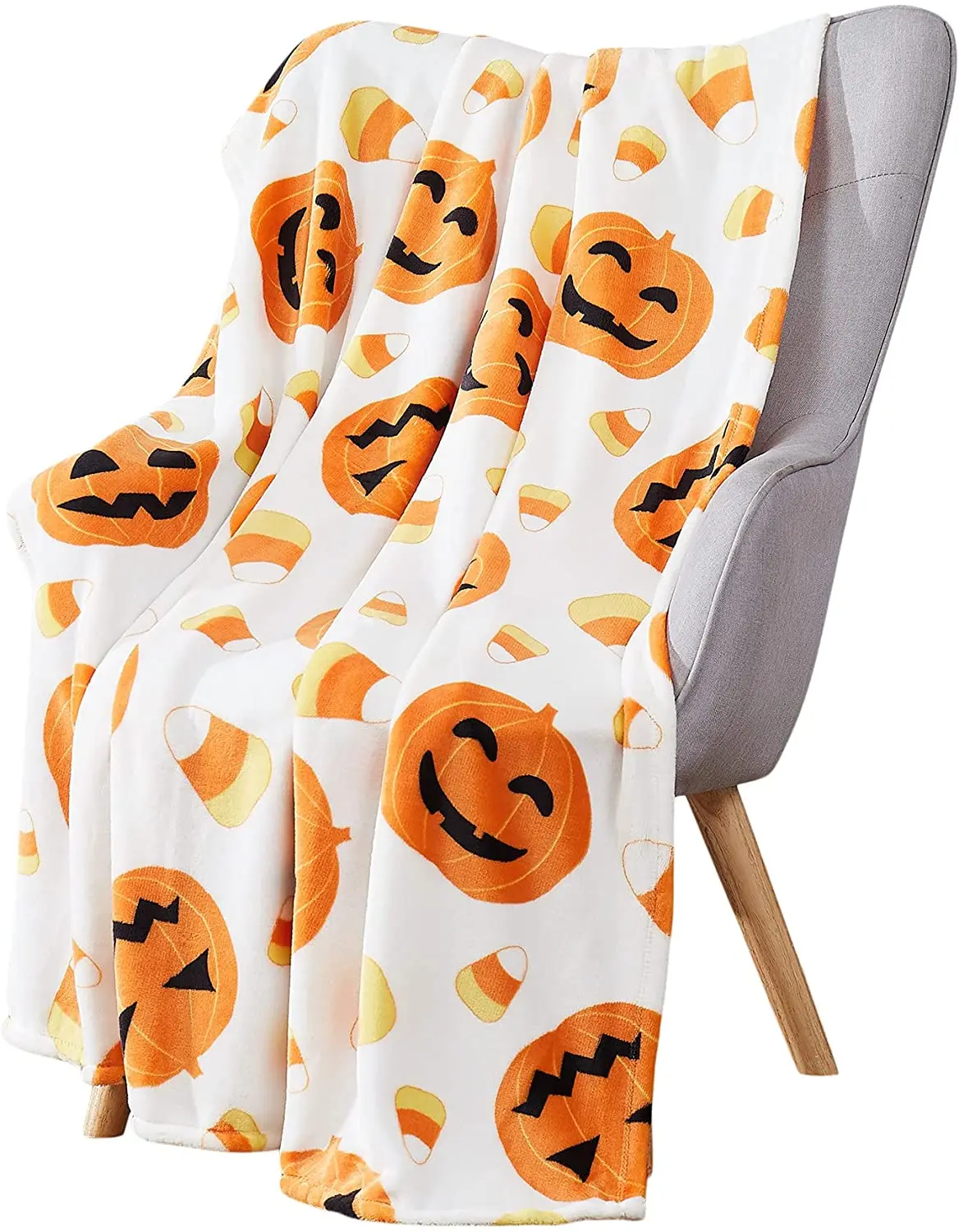 Halloween Throw Blanket Smiling O Lantern Pumpkins with Candy Corns Print on Soft Velvet Fleece for Sofa Bed Couch Chair