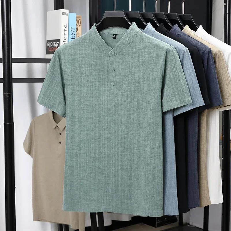 Mens Mandarin Collar Half Placket Linen Textured Short Sleeve Shirts Casual Tops Wrinkle Resistant Breathable Summer Wear