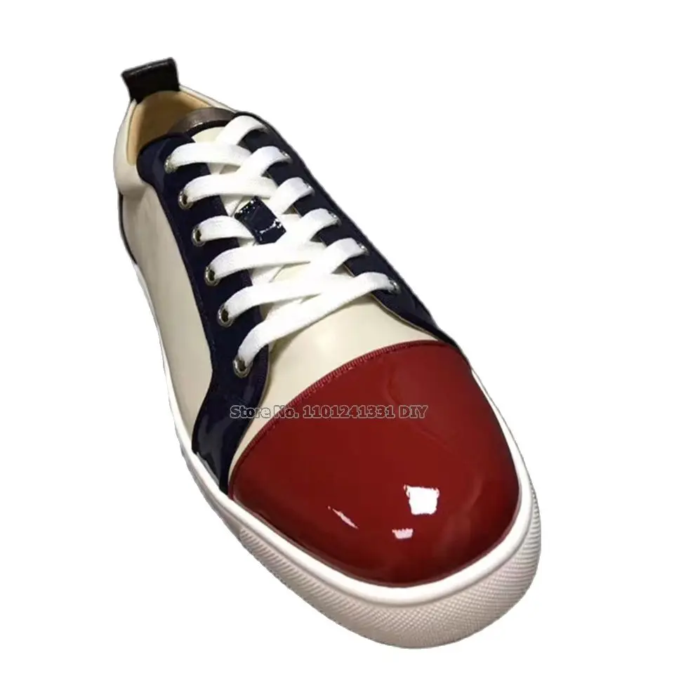 

Red Patent Leather Toe Men Lace Up Flats Casual Shoes Low Top Sneakers Bottom Zapatillas Hombre Plus Size 38-47