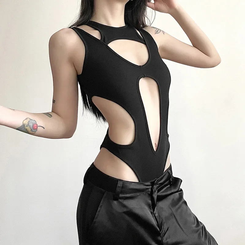 

2024 New Mall Gothic Hollow Out Sexy Bodysuits Techwear Fashion Y2k Patchwork Tops Women Grunge Backless High Cut Slim Bodysuit