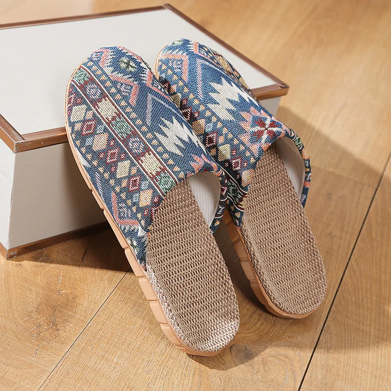 

Linen Mules Women's Slippers House Ethnic Summer Designer Woman Shoes Flats Hemp Retro Indoor Slides Couple Soft Non-Slip Floor