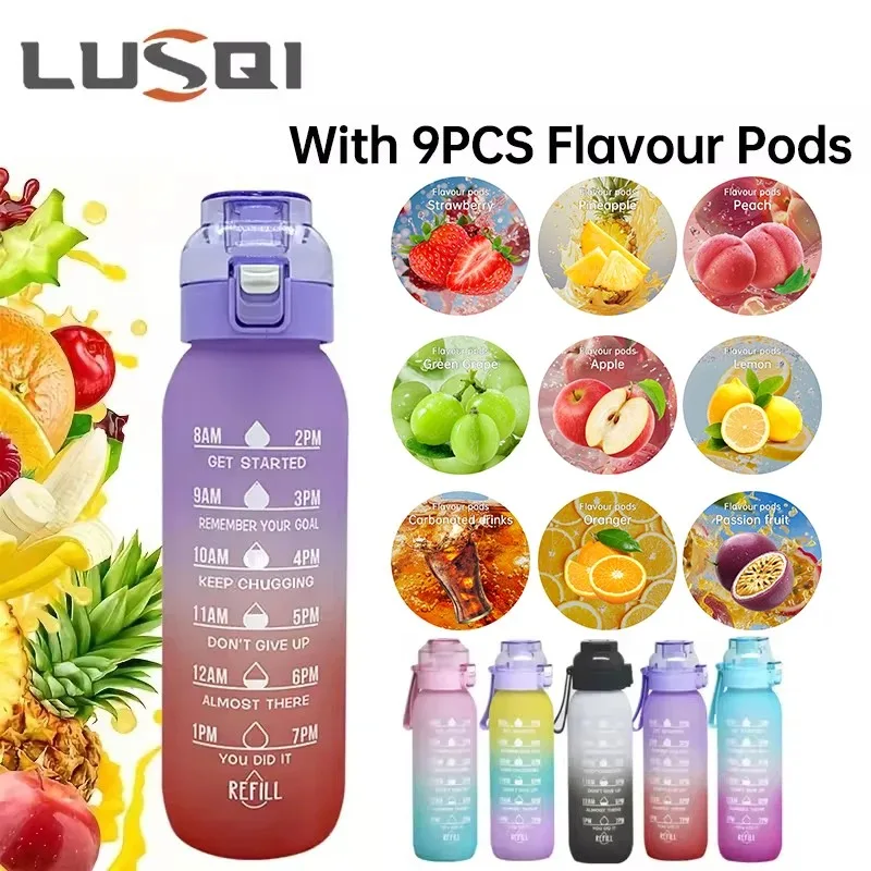 LUSQI 1000ML Flavor Water Bottle With Straw & 9PCS Flavor Pods BPA Free Sports Water Bottle For Fitness Gym Outdoor Activities