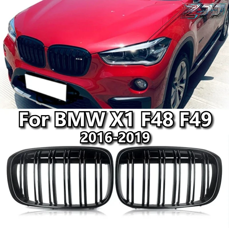 Double Line Front Bumper Kidney Grill Grilles For BMW X1 F48 F49 2016 2017 2018 2019 M Style Racing Grille Glossy Black