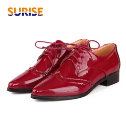 Size 34-43 Women Derby British Flats Shoes Oxford Patent Leather Pointed Toe Casual Office Party Lace Up Red Vintage Lady Brogue