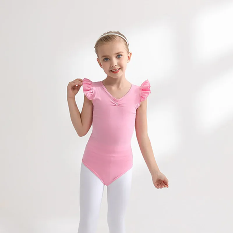 Children\'s Gymnastics Costume Girls Ballet Bodysuit Summer Fly Sleeve Cotton Toddler Criss Cross Figure Skating Princess Leotard