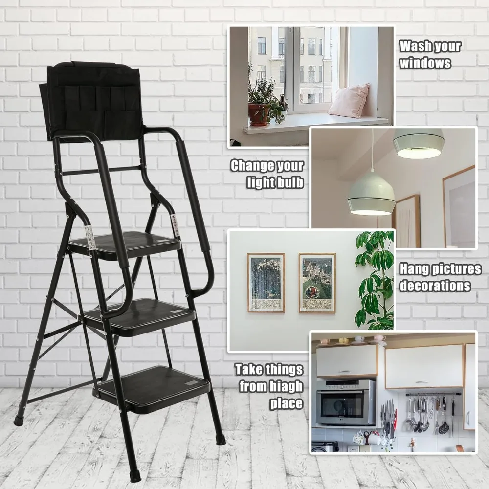 سلم قابل للطي بثلاث خطوات مع درابزين - سعة 500 رطل، إطار فولاذي، قضبان جانبية آمنة، مثالي للاستخدام المنزلي في المطبخ