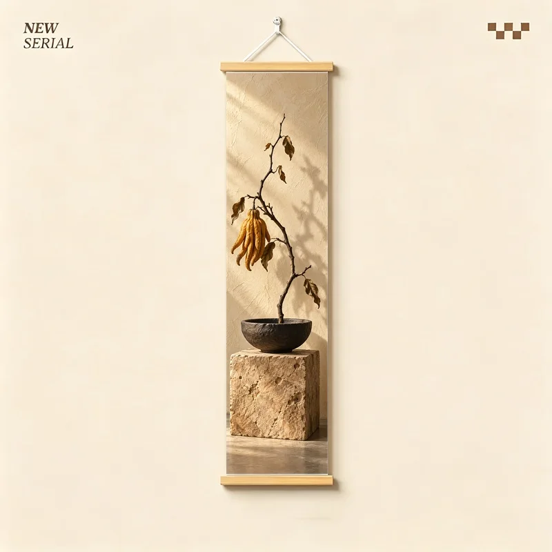 Wall Art Dried Buddha Hand and Sliced Lotus Pod, Wabi-Sabi Silver Shimmer Canvas Hanging Scroll for Peaceful Reading Nook