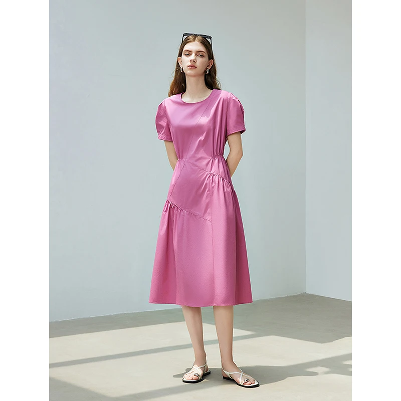 TOYOUTH Women Dress 2024 Summer New Split Spliced O Neck Short Sleeve Pink Mid Length Daily Party Dress