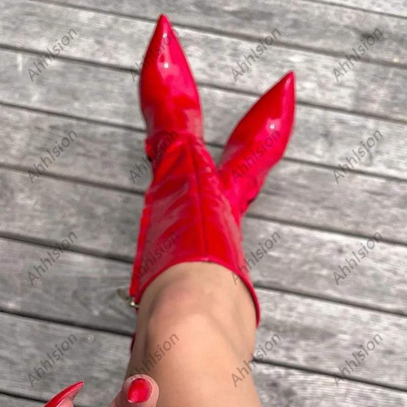 Ahhlsion اليدوية النساء الشتاء الركبة الأحذية براءات الاختراع والجلود Stiletto الكعوب أشار تو جميل أحمر أزرق أحذية السيدات لنا حجم 5-15