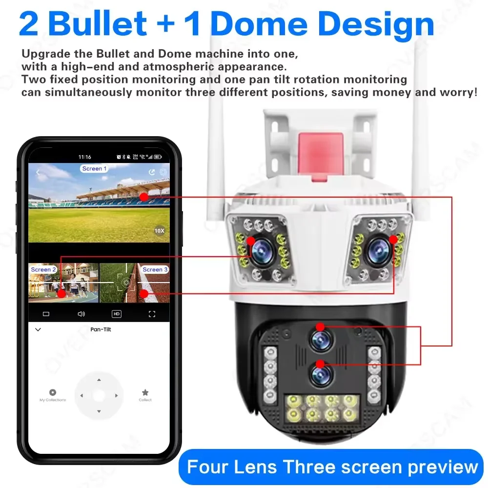 Home 16MP Four Lens WIFI PTZ Security Camera Three Screen 10X Zoom AI Human Auto Tracking 8K 4K Outdoor CCTV Surveillance Camera