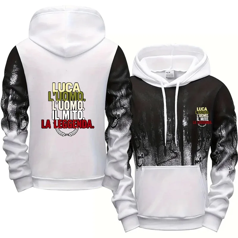 سويت شيرت رجالي بقلنسوة رمادي وأسود مطبوع من Luca L Uomo Il Mito La Leggenda عالي الجودة من القطن كاجوال ملابس الشارع الشهير