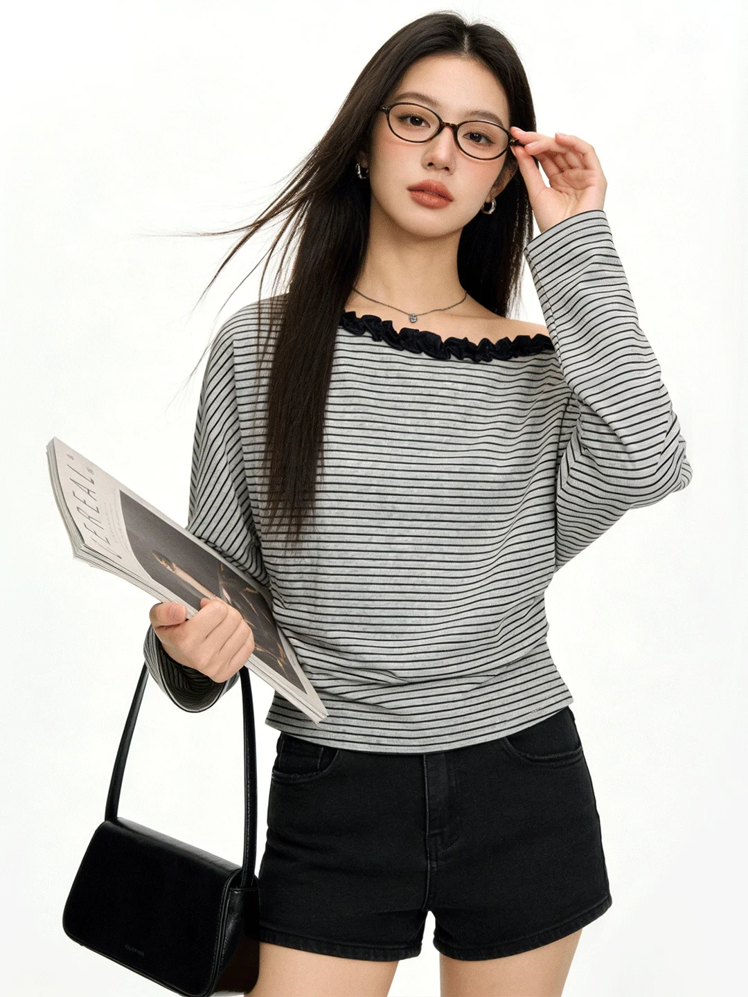Skin-friendly Breathable Korean Style Wood Grain Ruffle Striped Long Sleeve Slim Fit T-shirt Spring Sweet And Spicy Shoulder ...