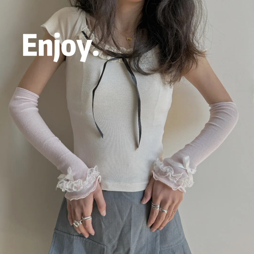 ผู้หญิงLolita Jkลูกไม้FingerlessถุงมือBlack Gothic DIYสายรัดครีมกันแดดเสื้อผ้าอุปกรณ์เสริมElastic Punkถุงมือ