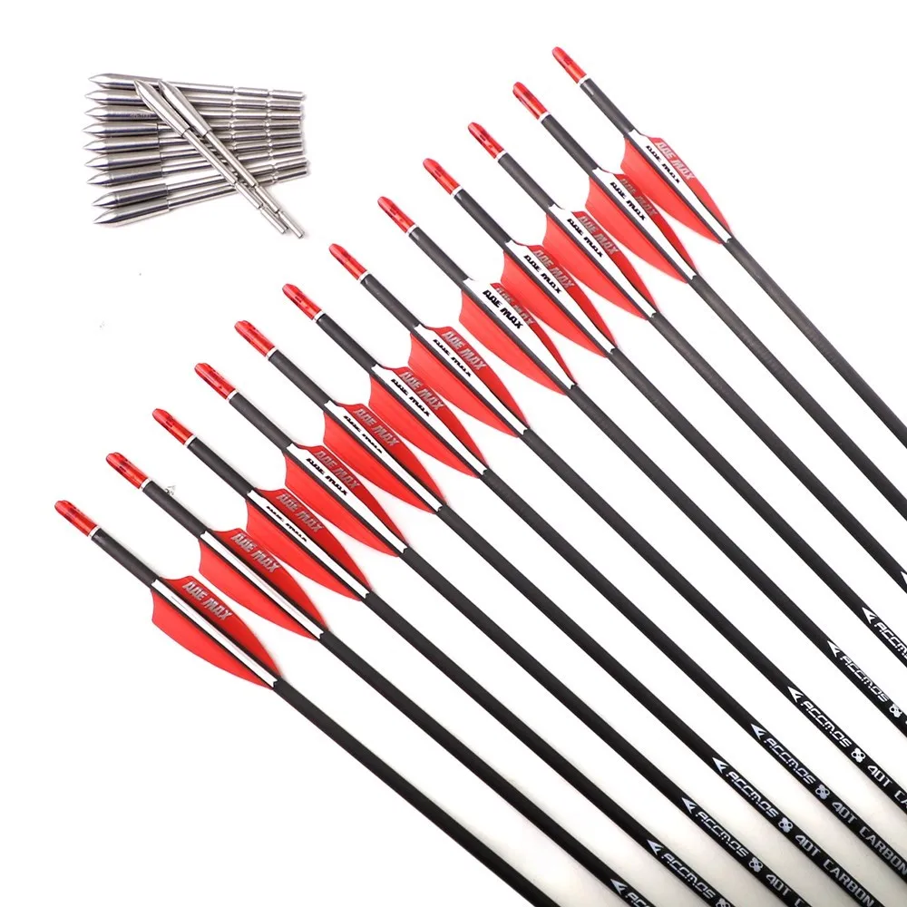 

ACCMOS 40T Carbon Arrows, ID 3.2MM 30-32 Inch Spine 350-900, Replaceable Tips for Recurve Bows 12PC